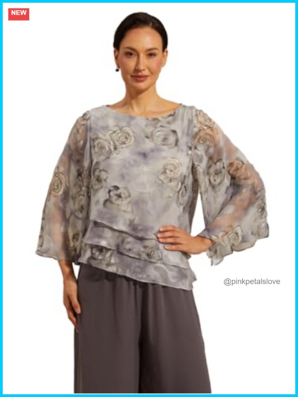 Womens Floral Chiffon Blouse Flowy Bell Sleeve Layered Hem Dressy Casual Top